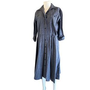 women’s 90s vintage long sleeve light denim blue jean chambray dress midi large